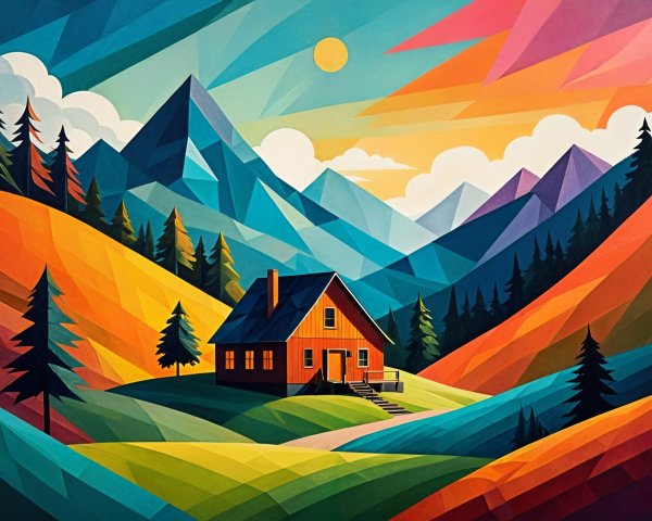 Vibrant Geometric Landscape with Red Cabin and Mountains