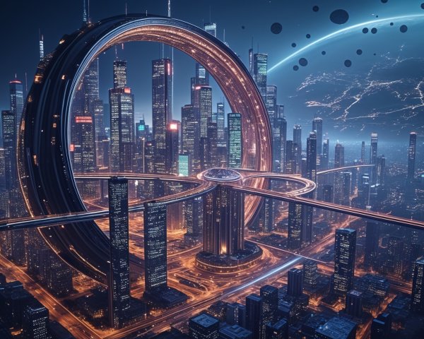 Futuristic Cityscape with Vibrant Lights and Structures