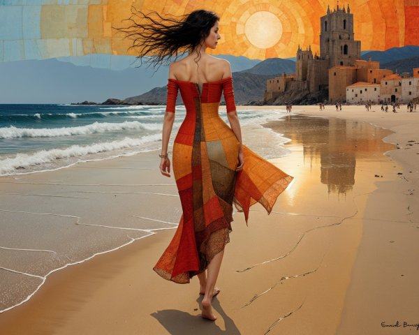 Woman in Colorful Dress on Sunlit Beach at Sunset