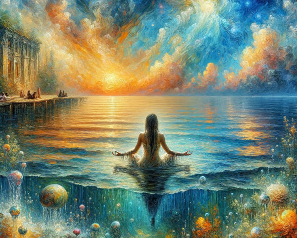 Meditative Figure by the Ocean at Sunset