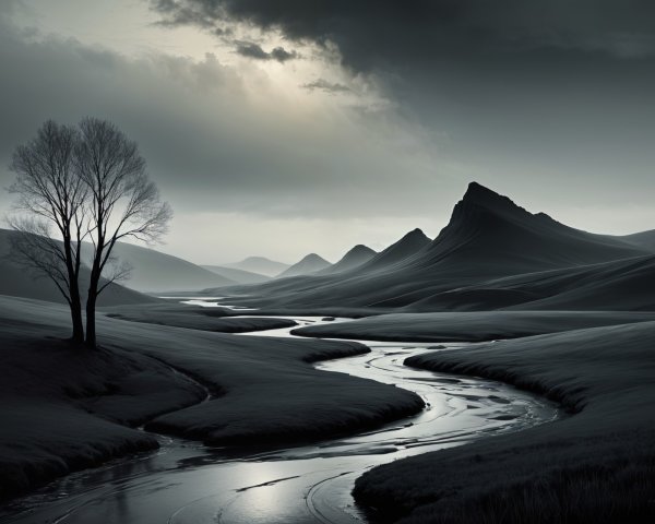 Serene Gray Landscape with Hills and Winding River