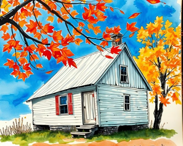 Rustic house with blue exterior and autumn foliage