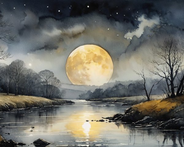 Luminous Full Moon Reflecting on Calm River Landscape