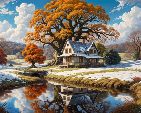 Winter Landscape with Autumn Colors and Serene Pond