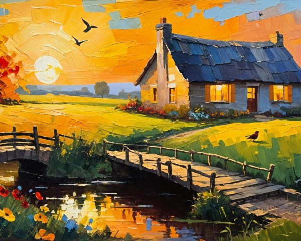 Countryside Scene with Cottage and Sunset Reflection