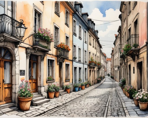 Charming Cobblestone Alleyway with Pastel Buildings