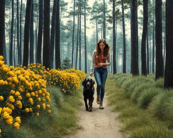 Woman and dog walking on a forest path with flowers