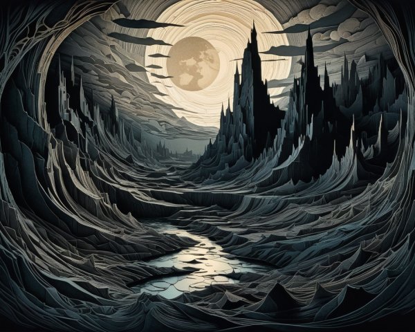 Surreal Paper-Cut Landscape with Moonlit Reflection