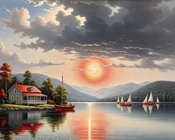 Lakeside Scene with House, Boats, and Sunset Reflections