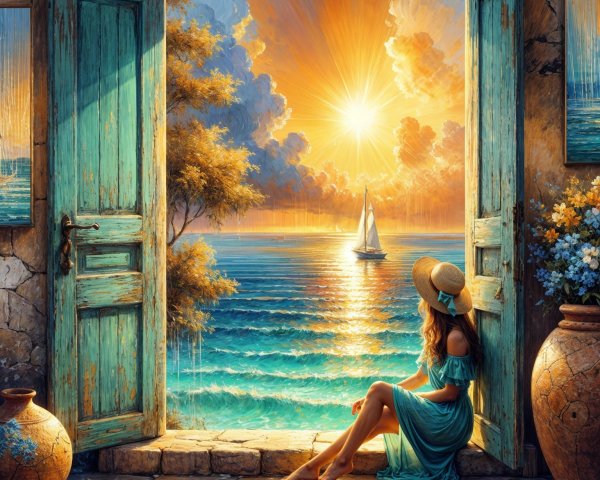 Woman by Open Door Watching Vibrant Sunset Over Water