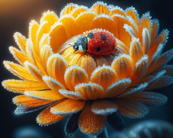 Vibrant orange flower with ladybug and frost details