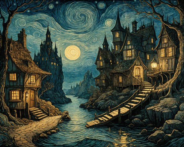 Whimsical Starry Night Scene with Cozy Houses