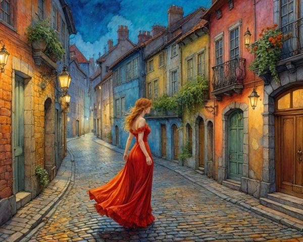 Woman in Red Dress on Cobblestone Street at Twilight
