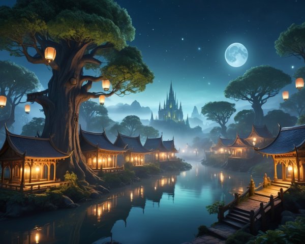 Serene Landscape with Lantern Light and Castle View