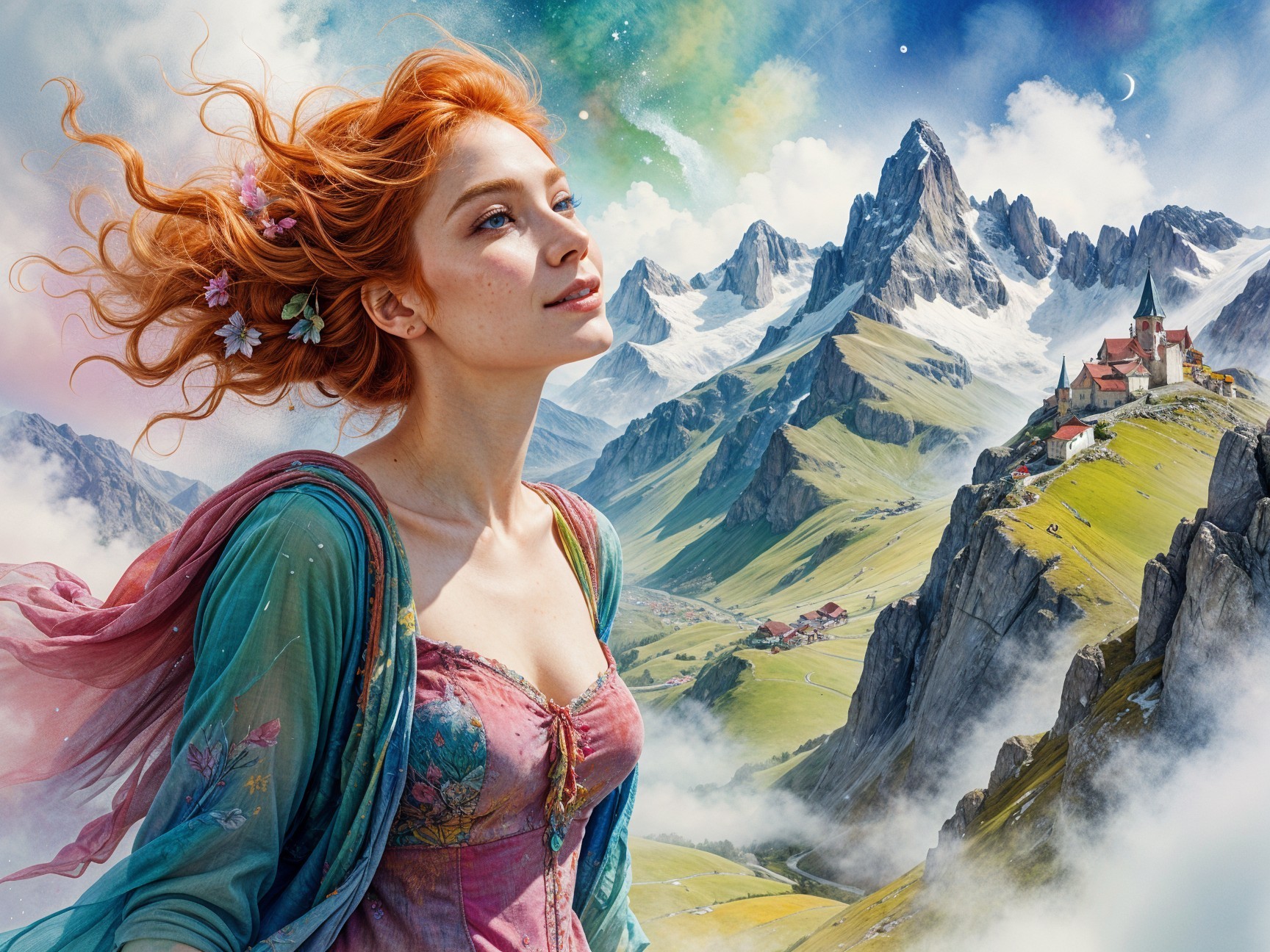 Young woman with red hair in a scenic landscape