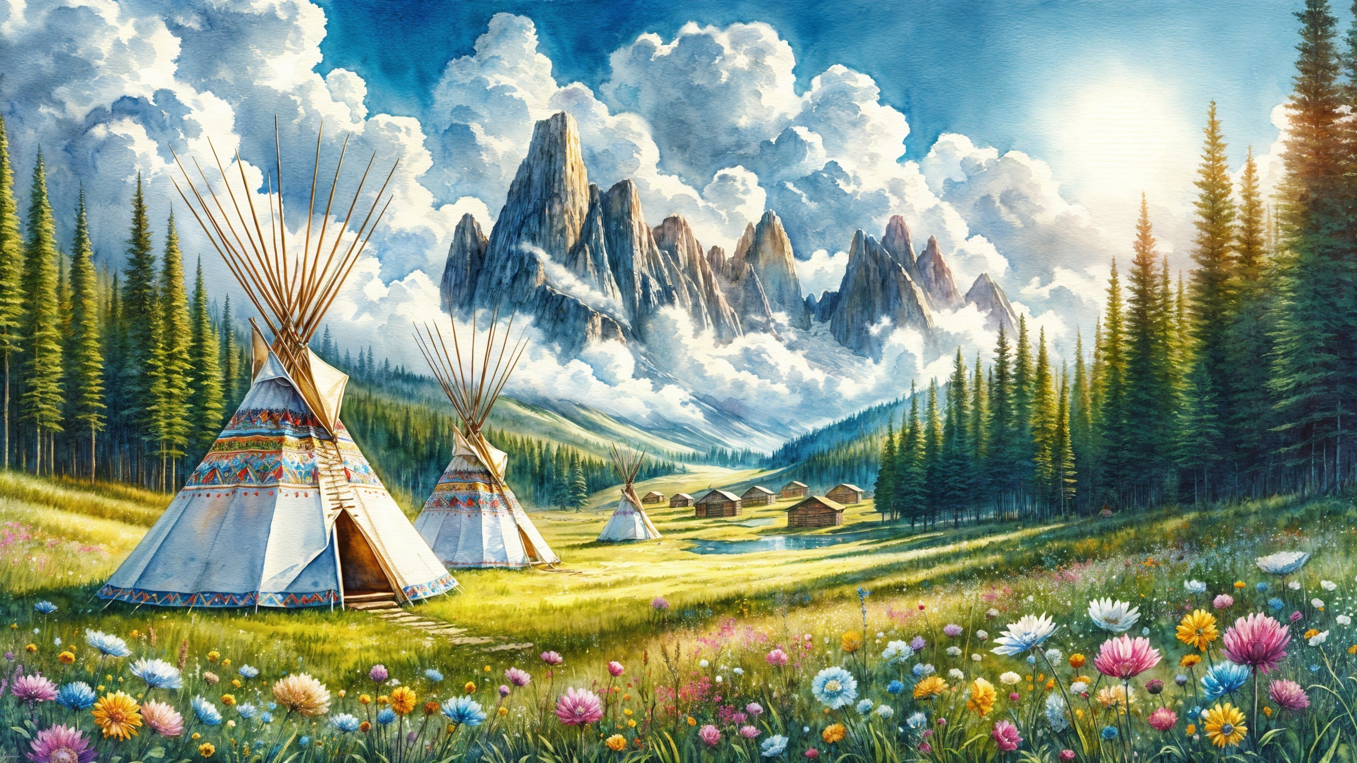 Serene landscape with tipis in a vibrant meadow