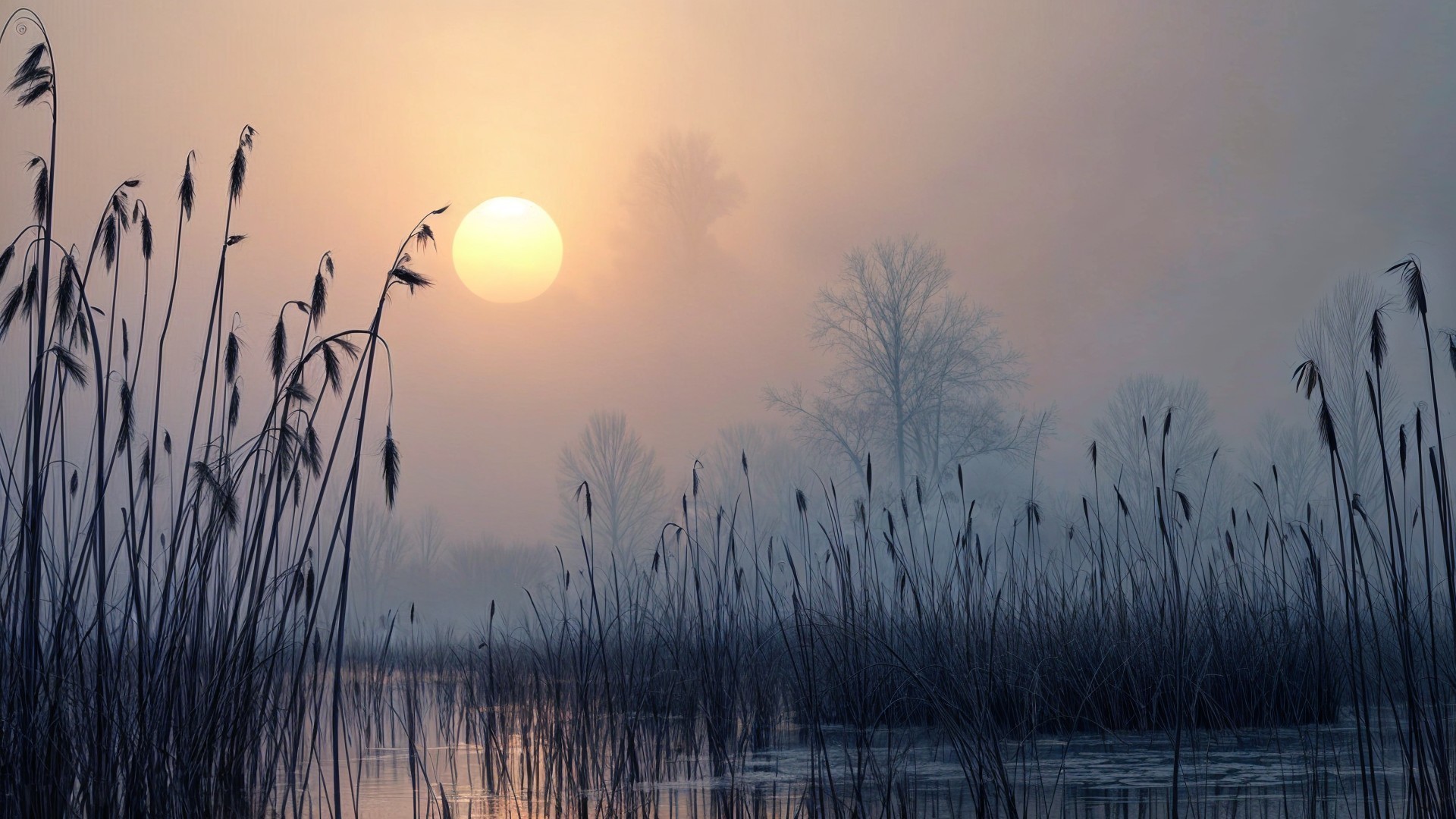 Serene Dawn Landscape with Mist and Reeds