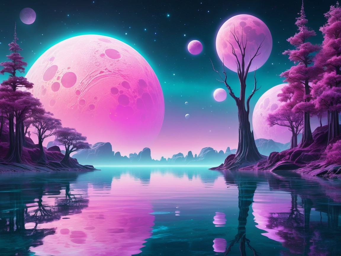 Surreal Landscape with Vibrant Moons and Tranquil Lake