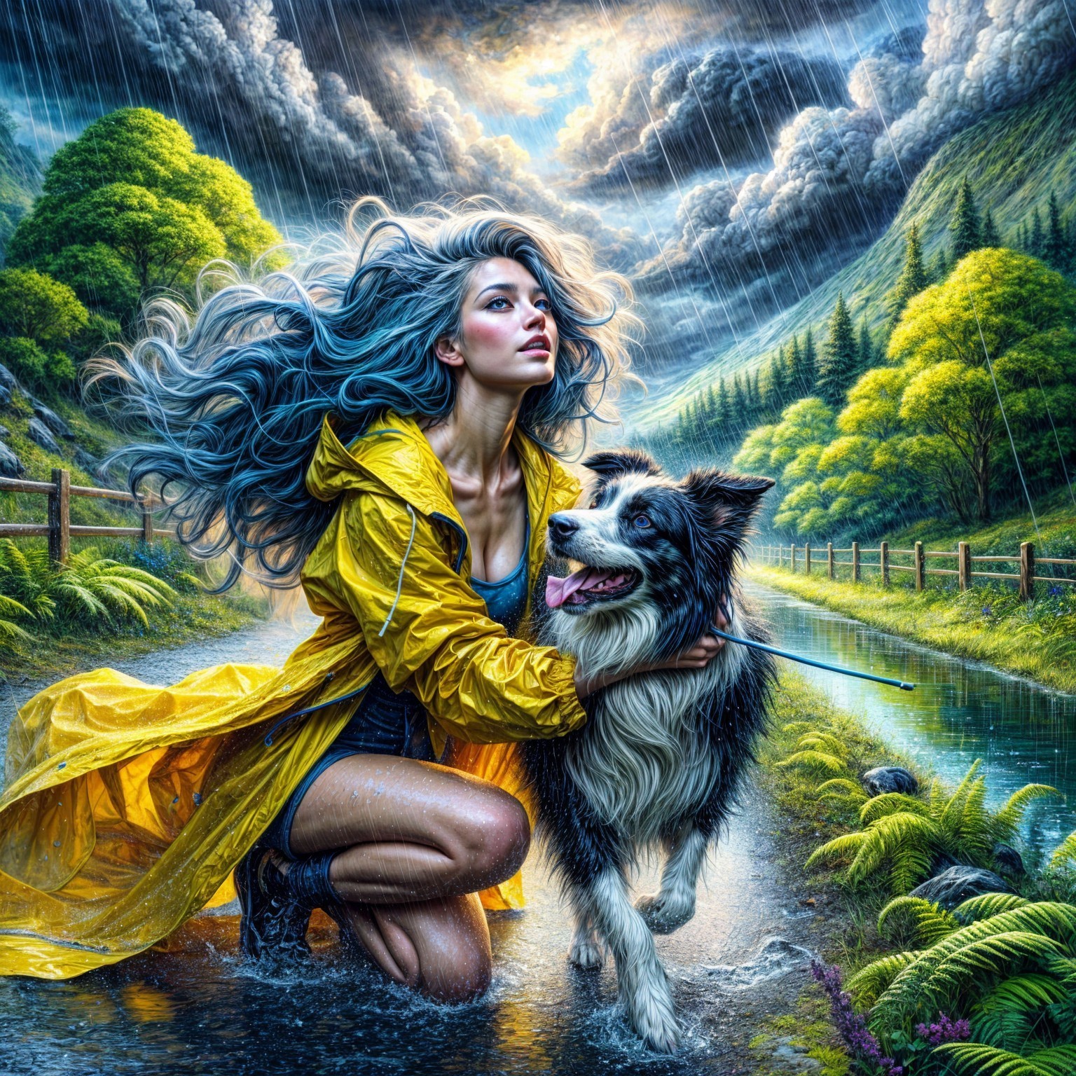 Young Woman in Yellow Raincoat with Border Collie