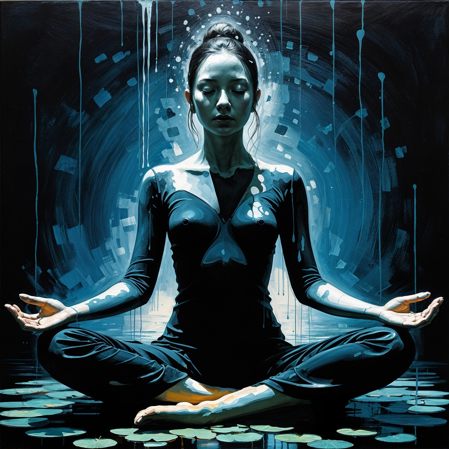Serene Figure in Meditation Surrounded by Lily Pads