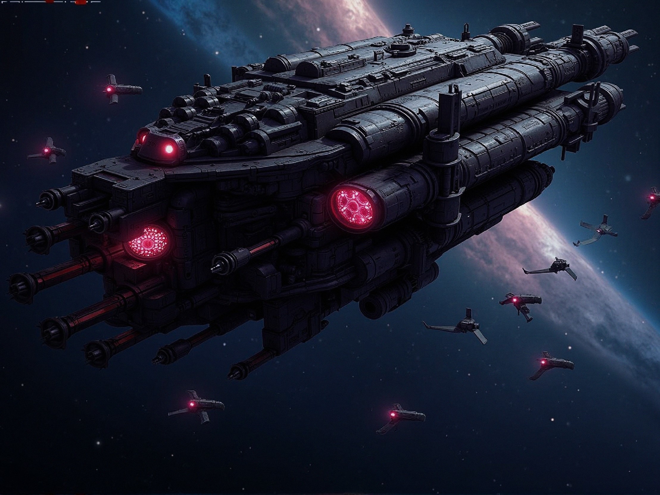 Futuristic spaceship with ominous red lights in space