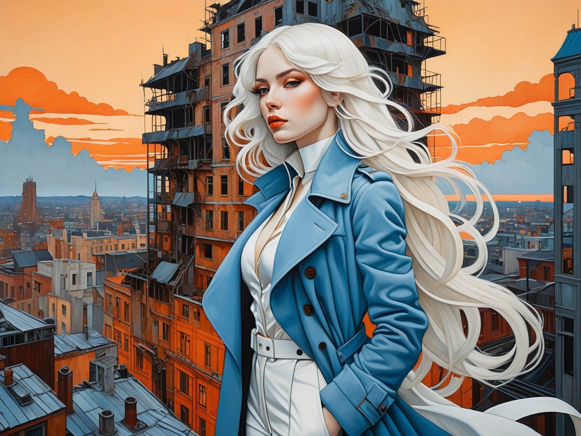 Confident Woman in Blue Coat Against City Skyline