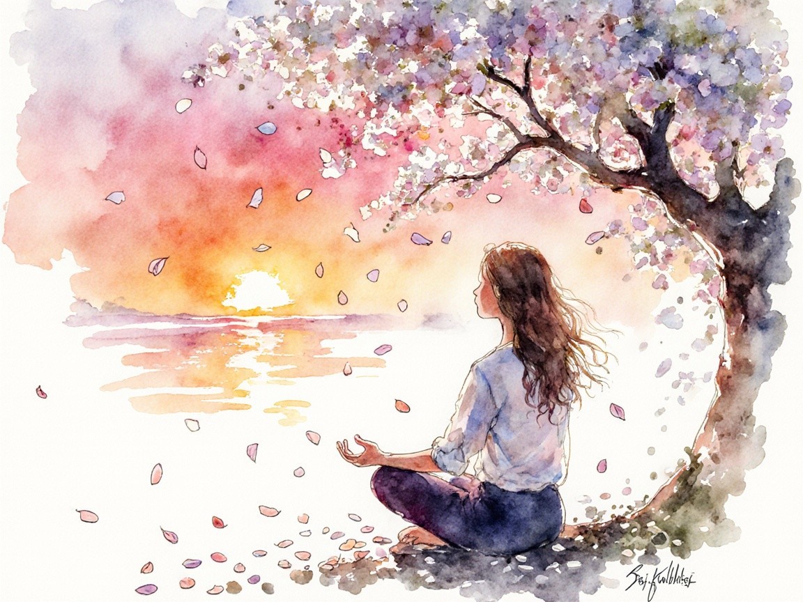 Woman Meditating Under a Blooming Tree at Sunset
