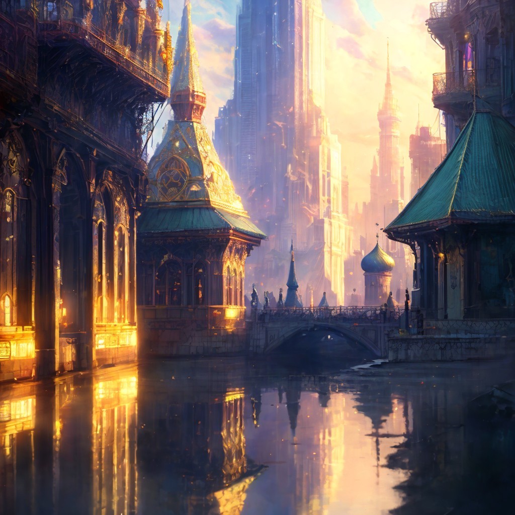 Fantasy Landscape with Golden Light and Intricate Architecture