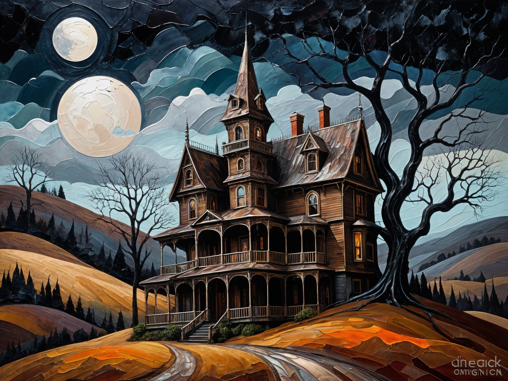 Gothic Mansion Under Luminous Moons with Dark Trees