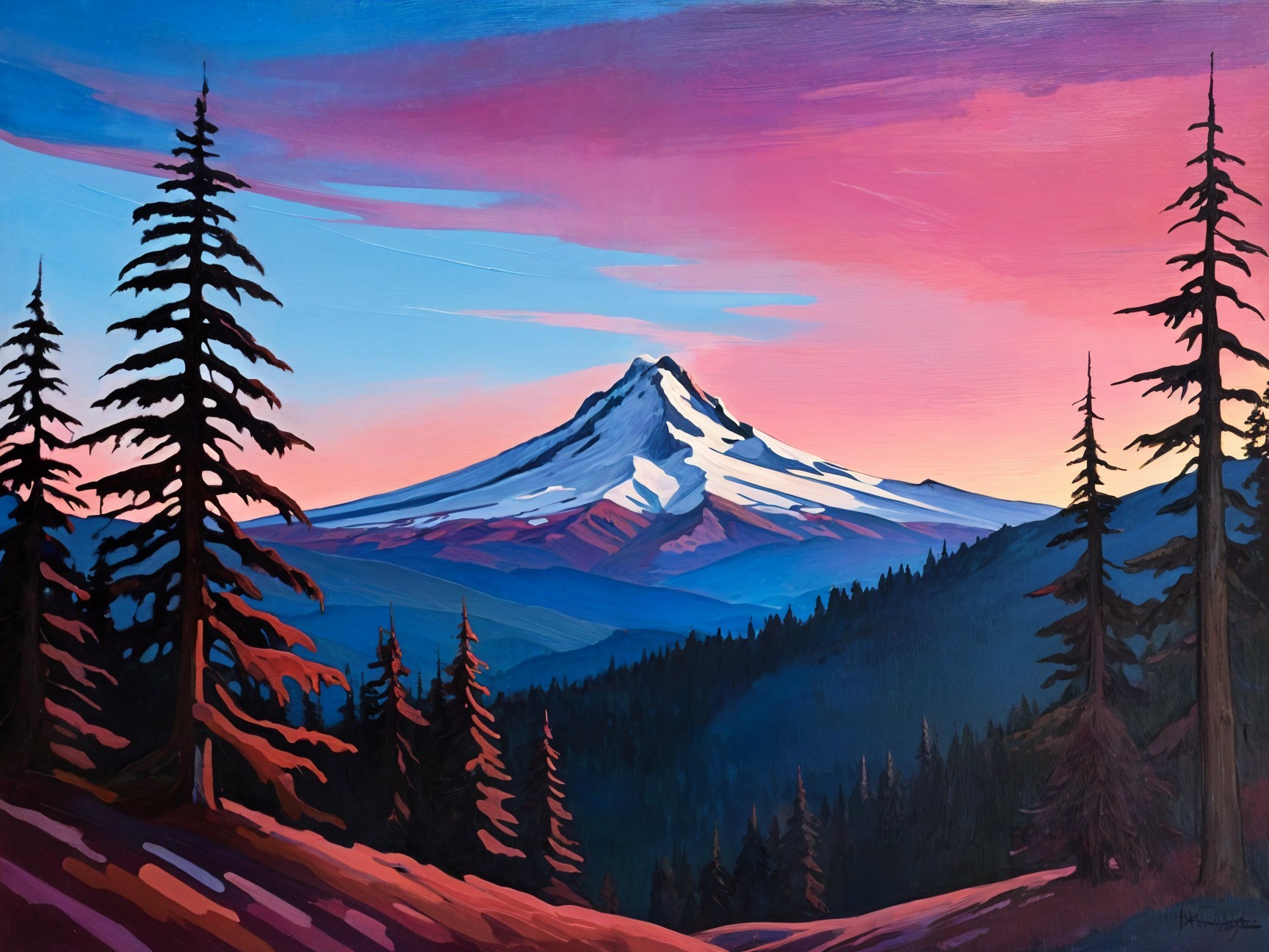 Vibrant Landscape Painting of Majestic Mountain Scene