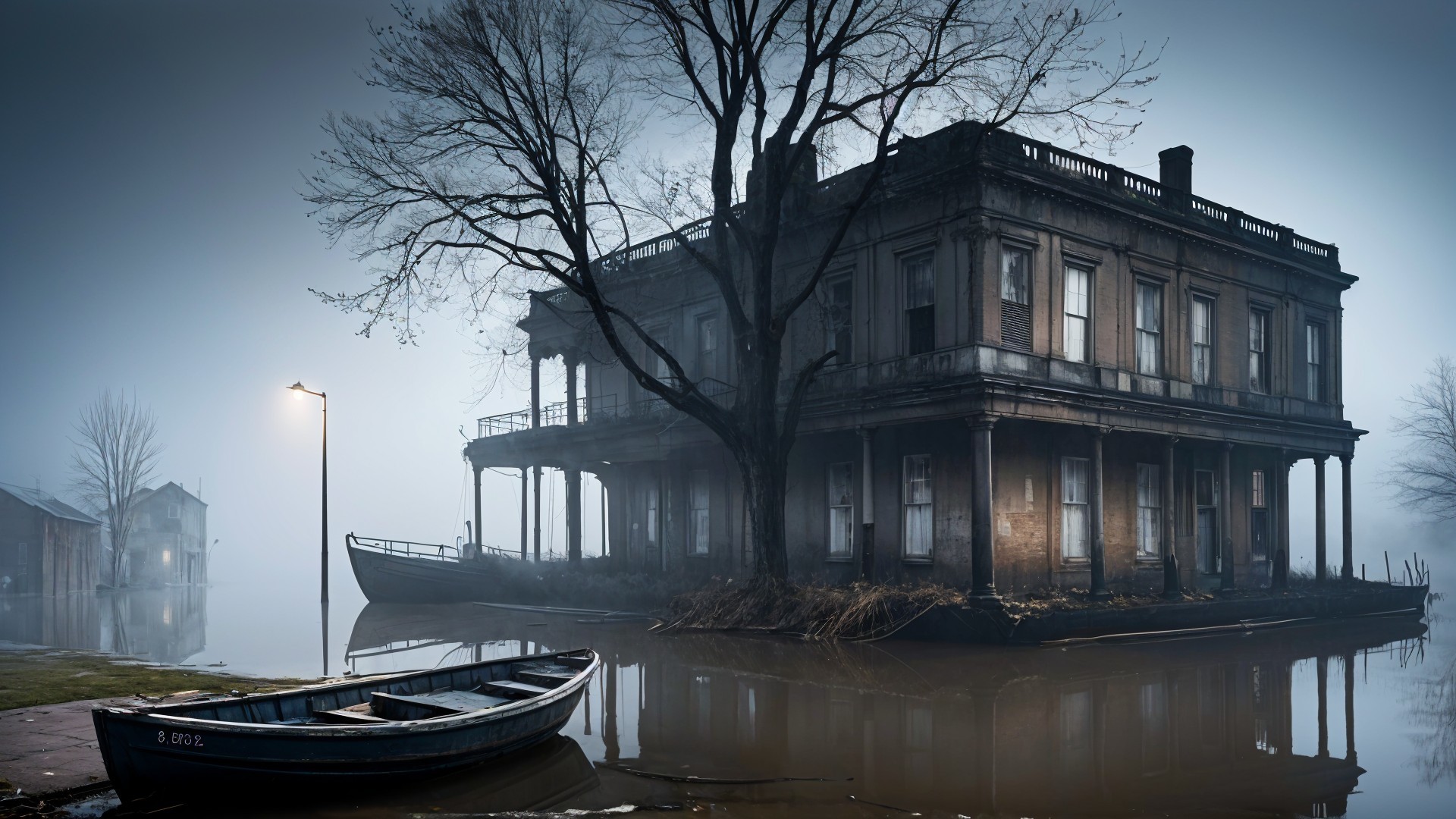Dilapidated mansion in fog with eerie surroundings