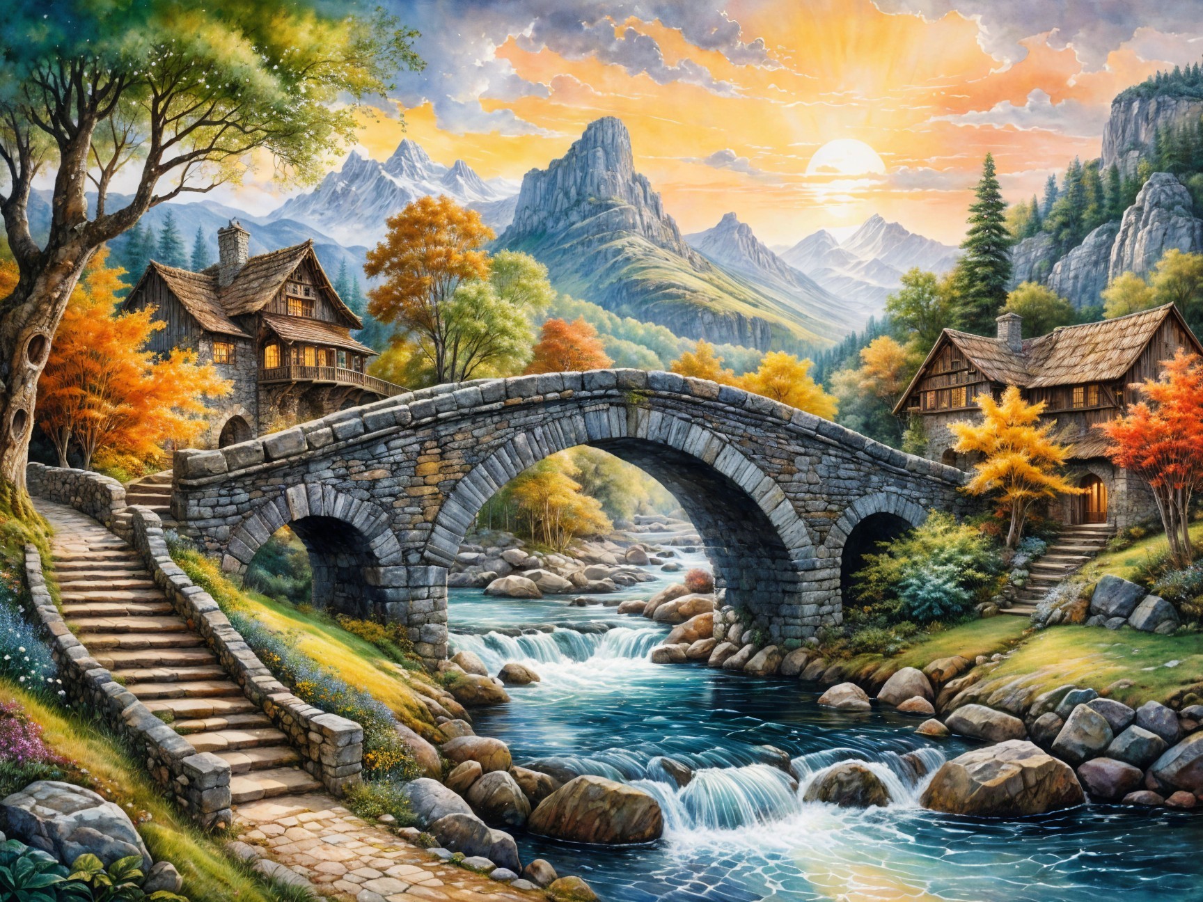 Scenic Autumn Landscape with Stone Bridge and Mountains
