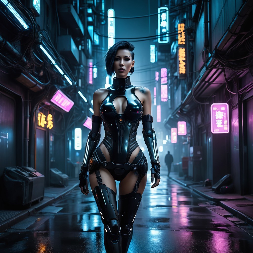 Futuristic Female in Black Cybernetic Armor in Cityscape