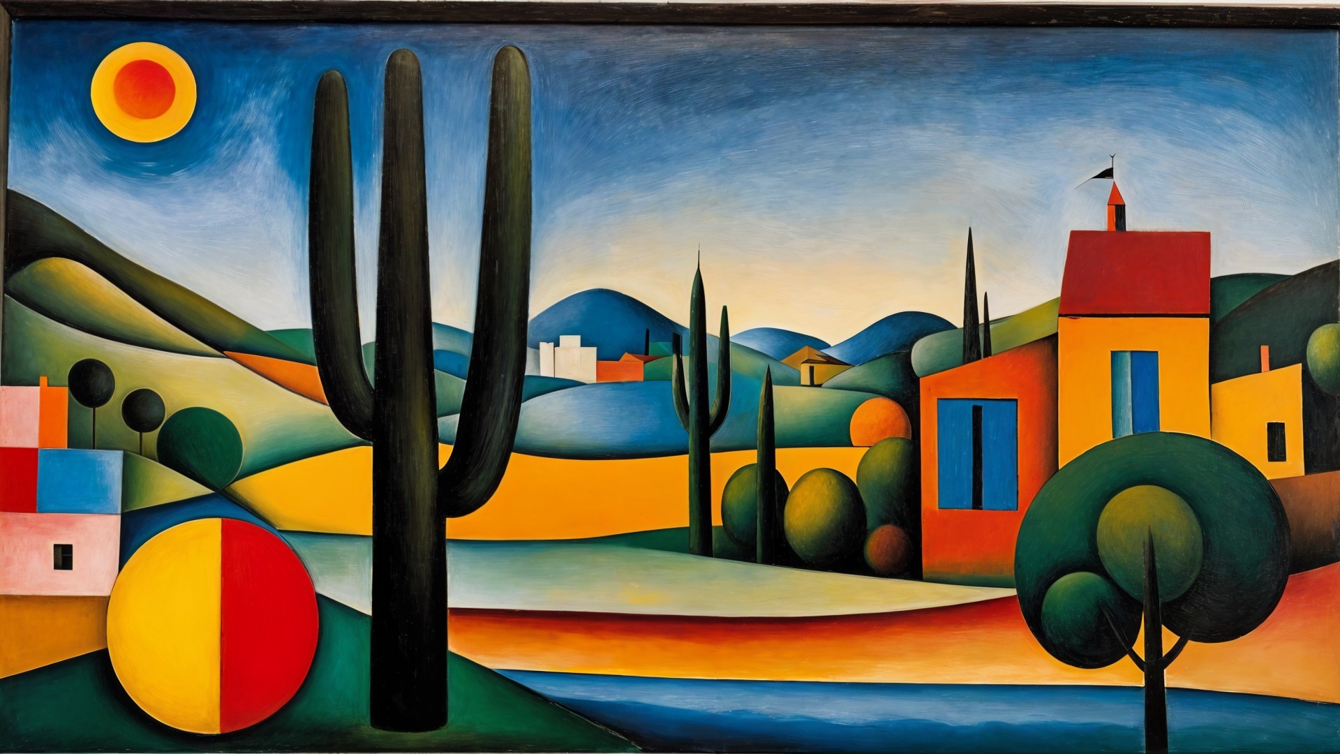 Vibrant Landscape with Cacti and Abstract Elements