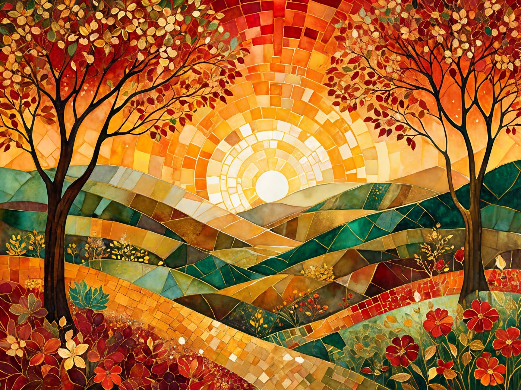 Vibrant Mosaic Landscape of Sunset and Nature Elements