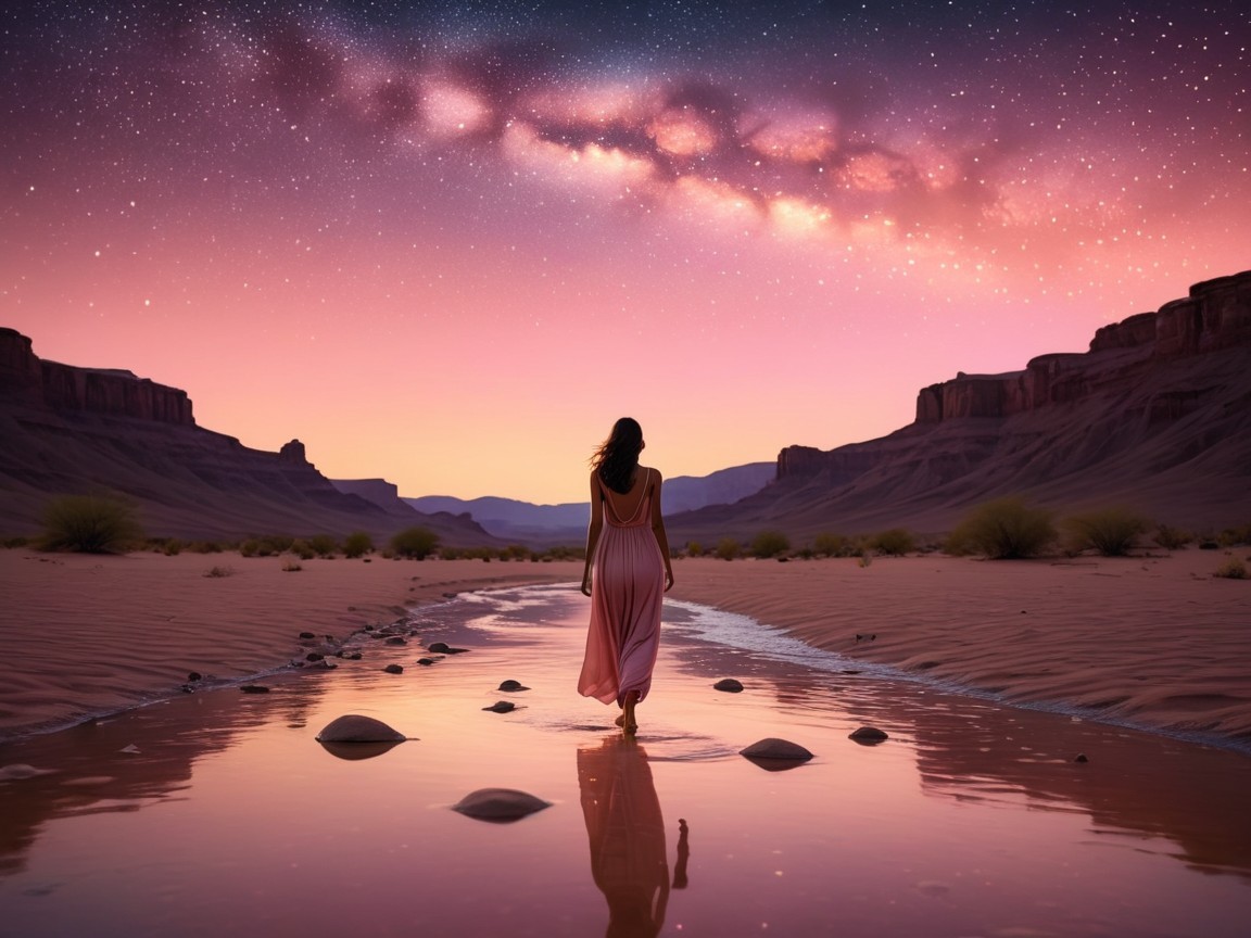 Lone Figure in Dress by Serene Desert Riverbed
