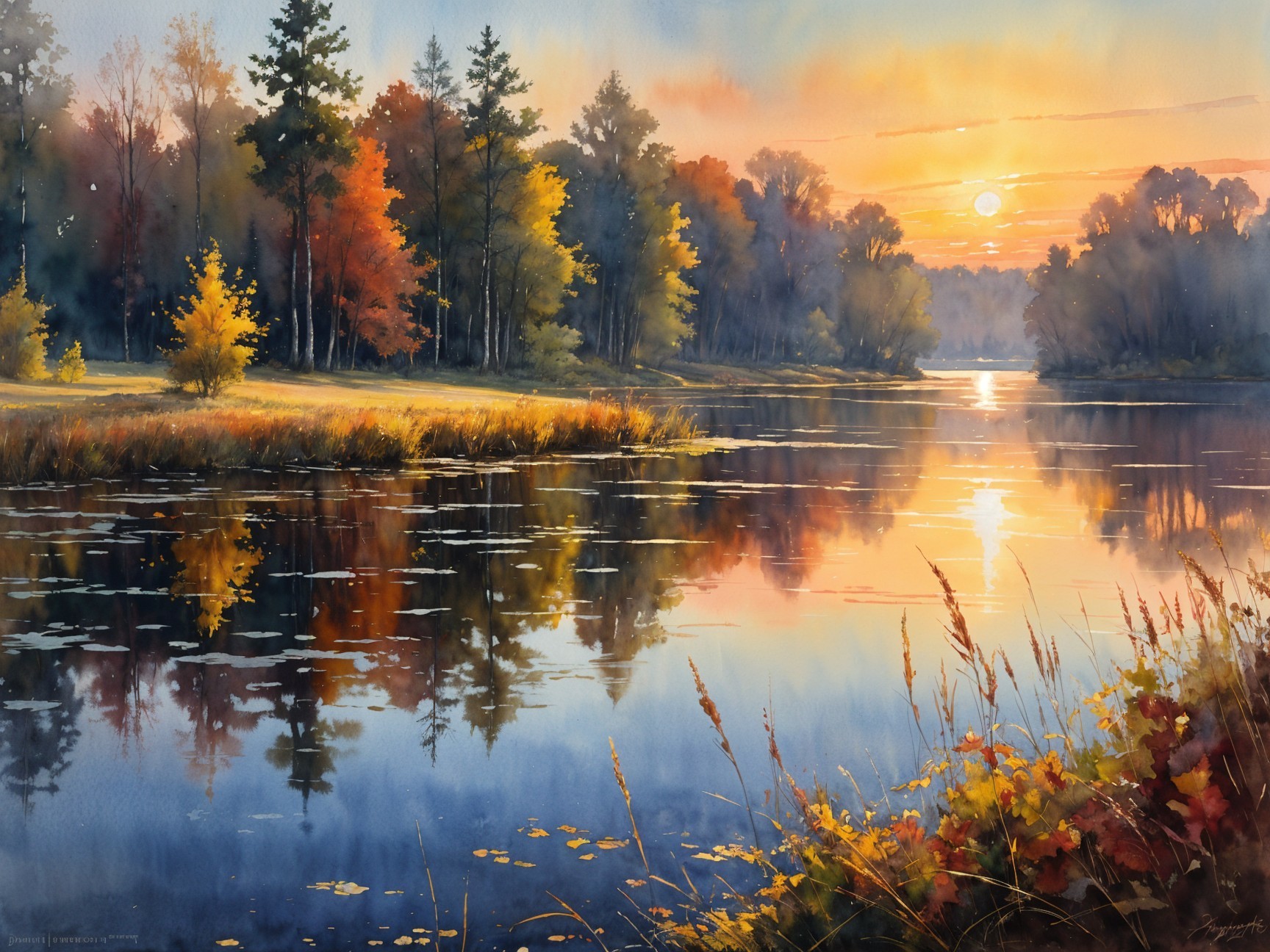 Serene Autumn Landscape at Sunset by Tranquil River