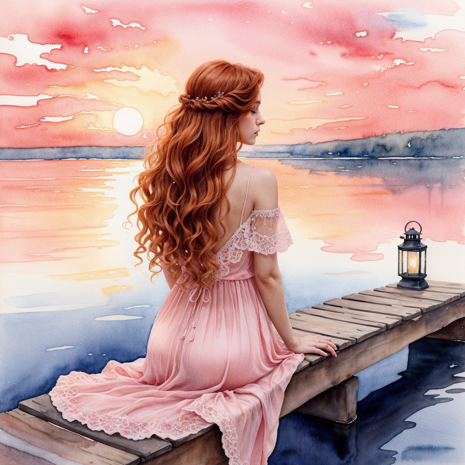 Woman with red hair on dock at sunset by water