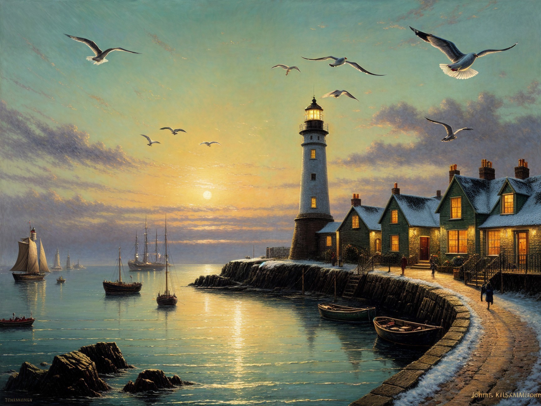 Coastal Sunset Scene with Lighthouse and Cottages
