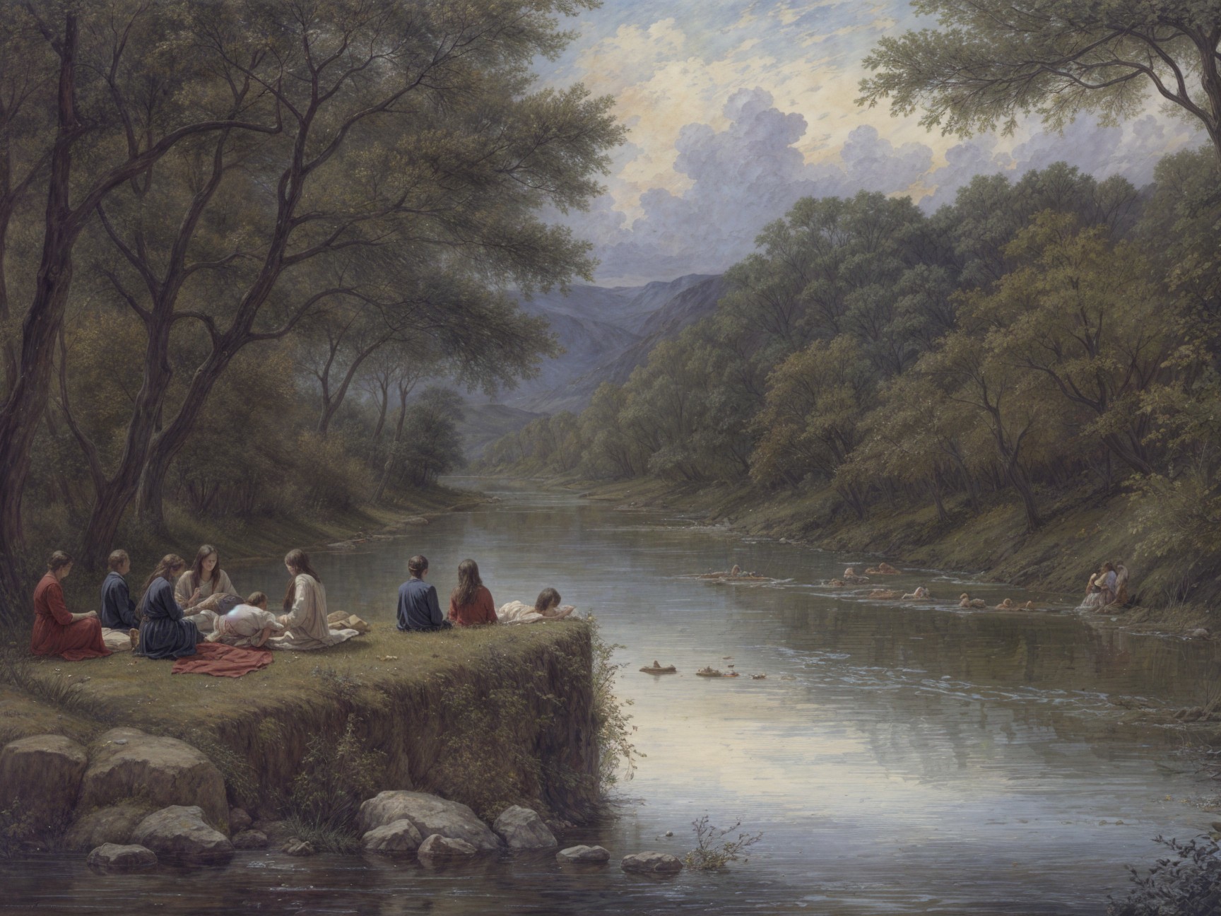 Serene Riverside Scene with Period-Clothed Individuals