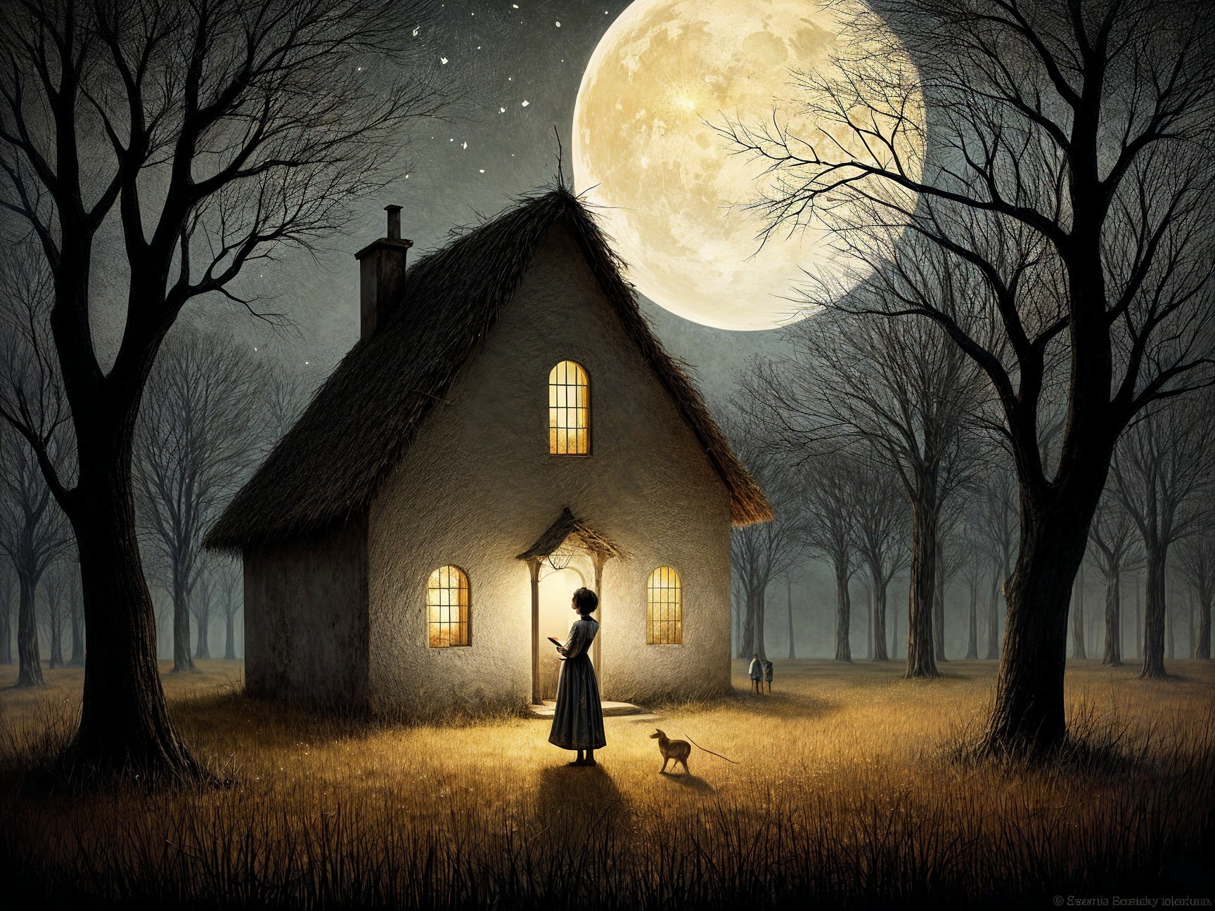 Thatched-Roof Cottage Under Full Moon and Starry Sky
