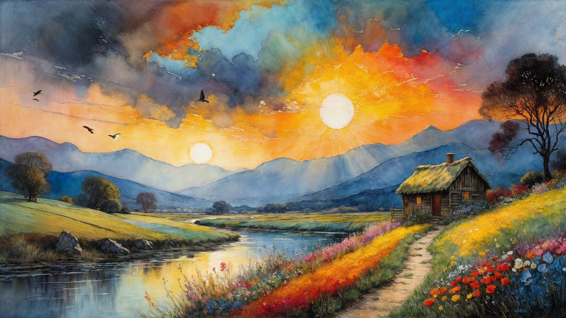 Picturesque Landscape with Cottage and River Scene