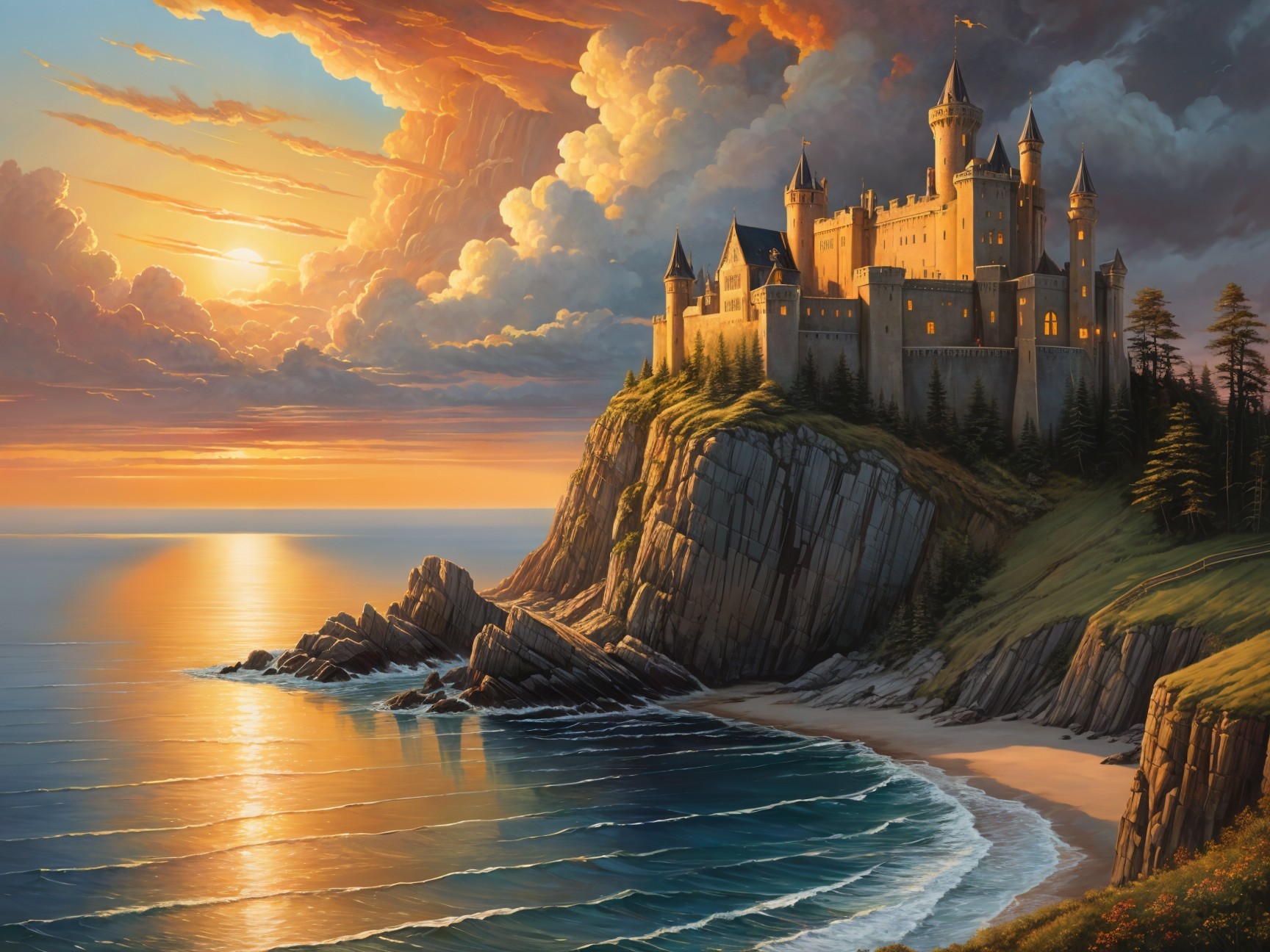 Castle on Cliff Overlooking Serene Coastline at Sunset