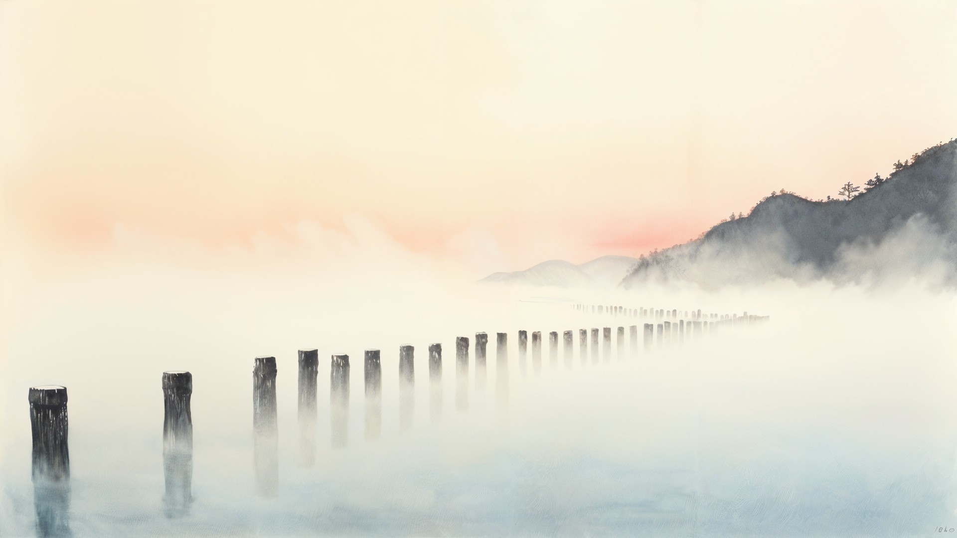 Serene Landscape with Misty Water and Silhouetted Hills
