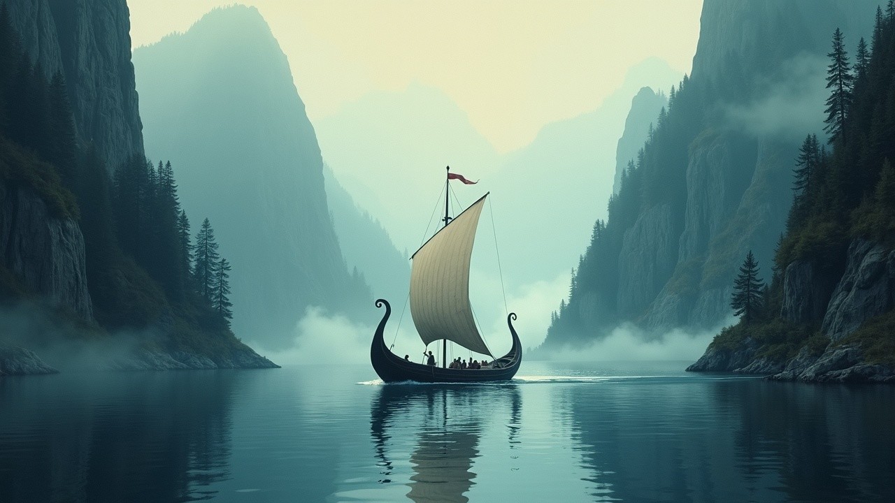 Misty Fjord with Viking Ship and Towering Cliffs