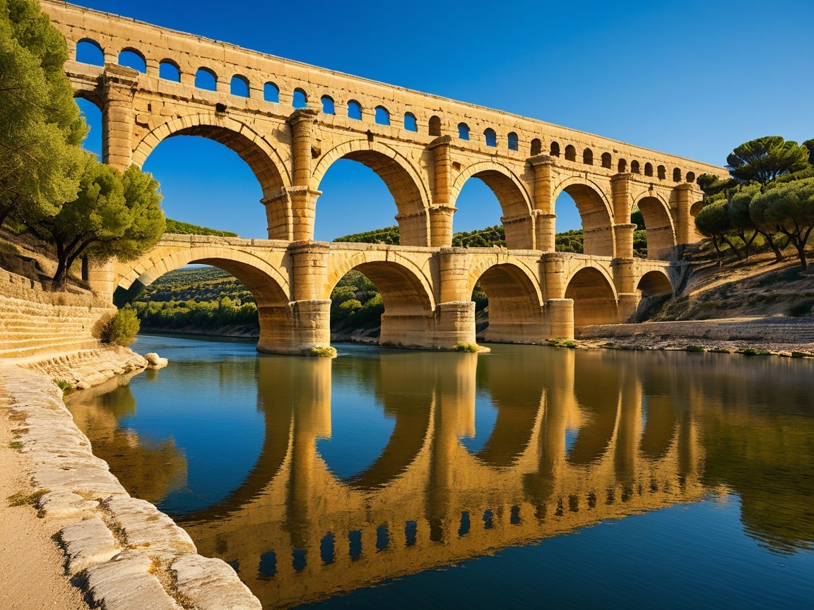 Ancient Aqueduct Surrounded by Lush Greenery and Water