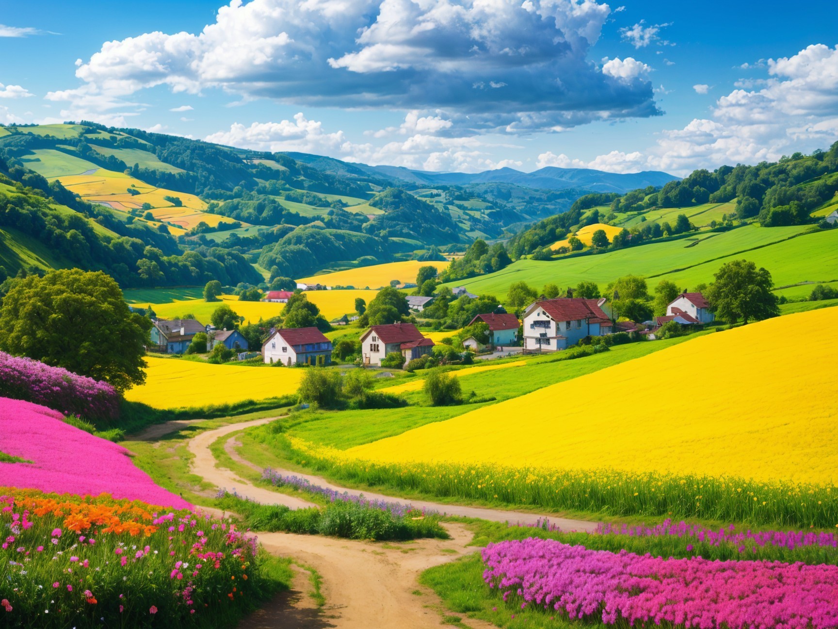 Vibrant Countryside Landscape with Blooming Flowers