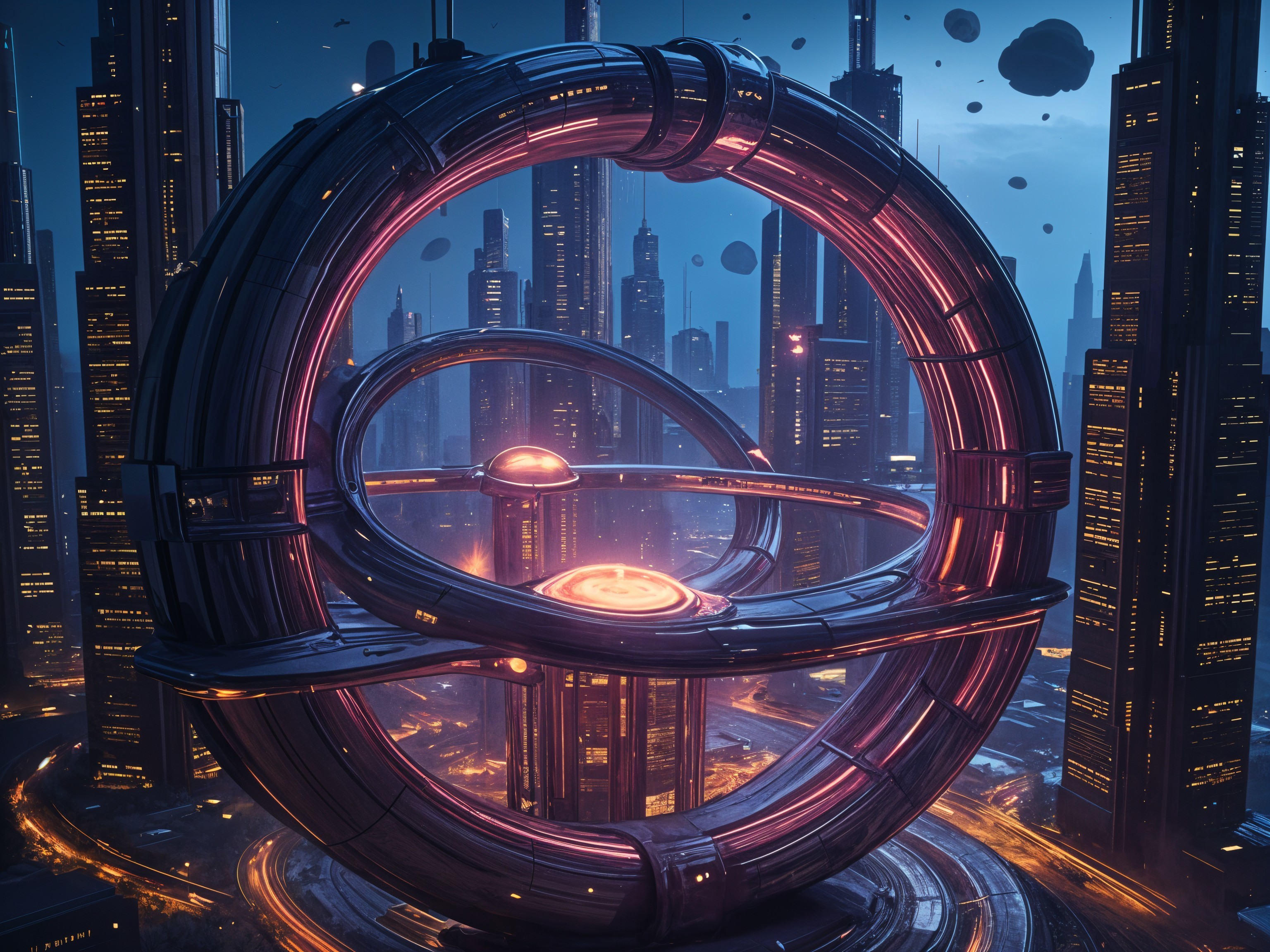 Futuristic cityscape with glowing metallic structures
