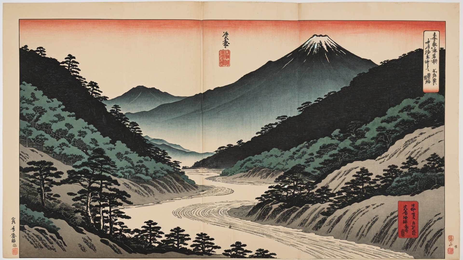 Traditional Woodblock Print of Serene Landscape