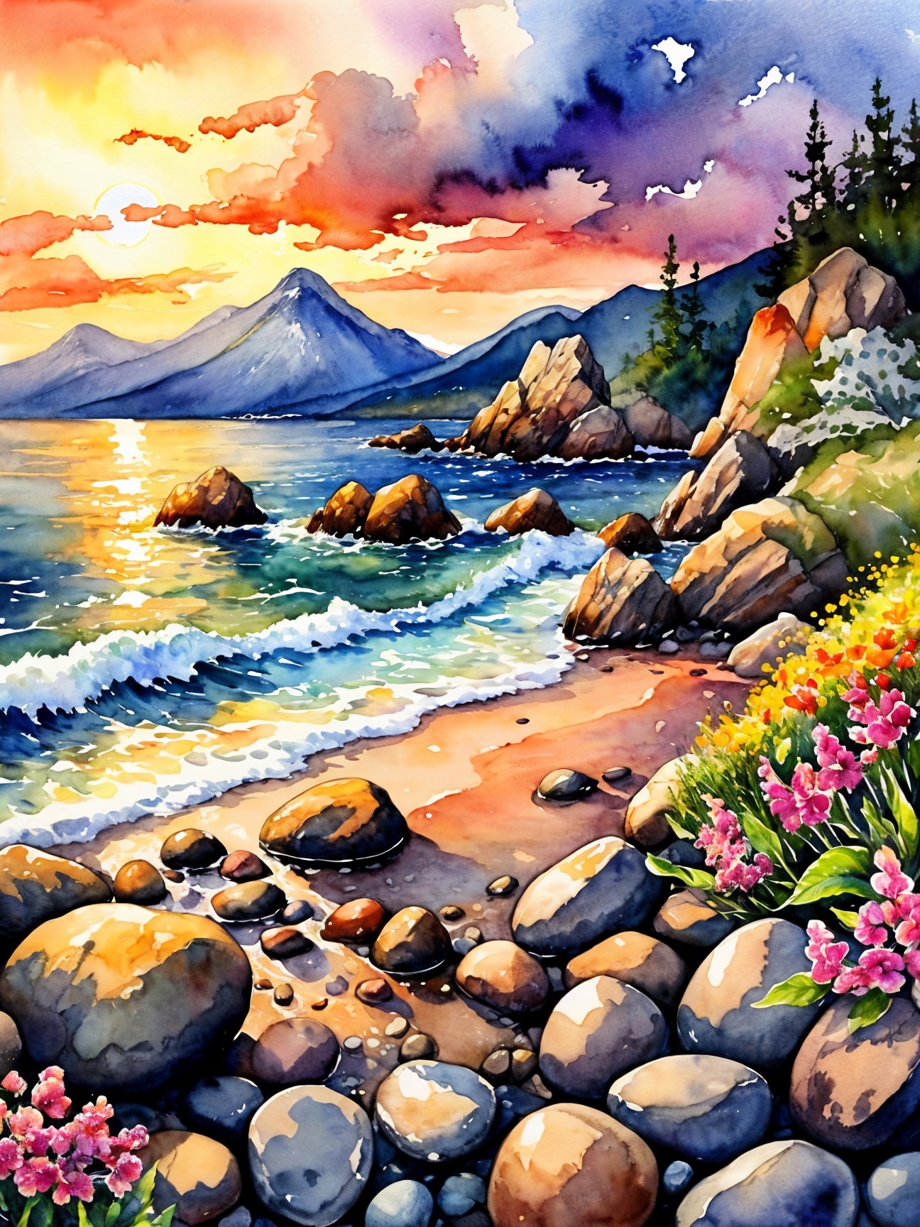 Vibrant Watercolor Coastal Landscape at Sunset